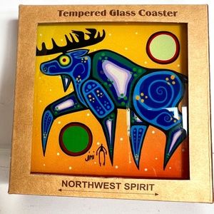 Tile Coaster Set Of 4 Tempered Glass Northwest Spirit MOOSE First Nation Artist